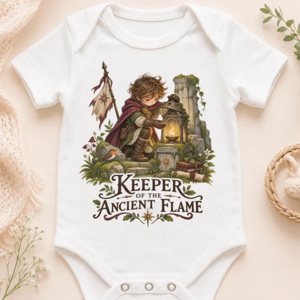 Ancient Flame Guardian Baby Bodysuit or Toddler Shirt — baby bodysuit mockup ancient flame guardian baby bodysuit close-up detail