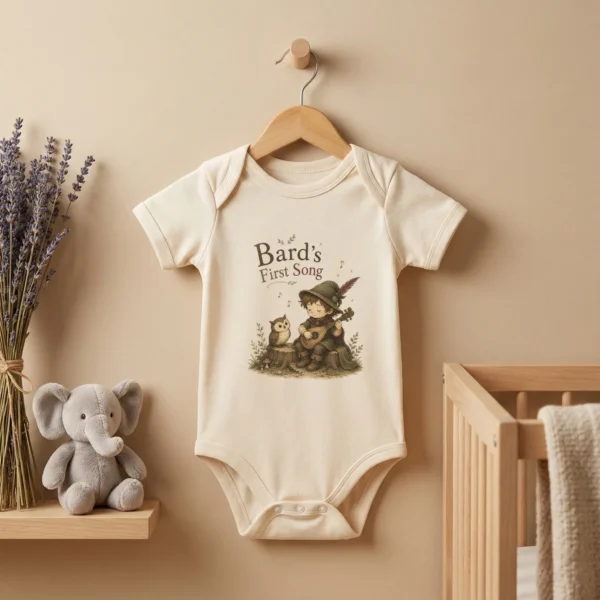 Bard's First Song Baby Bodysuit, Boy or Girl — baby bodysuit mockup bard's first song baby bodysuit styled product photo