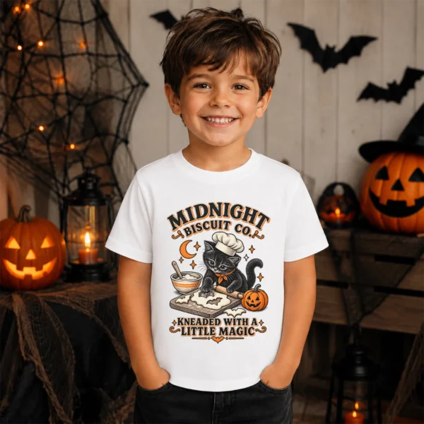 Black Cat Halloween Shirt, Baking Kitten Tee, Fall Cat Lover Gift — sibling matching set mockup black cat Halloween shirt baby bodysuit lifestyle scene