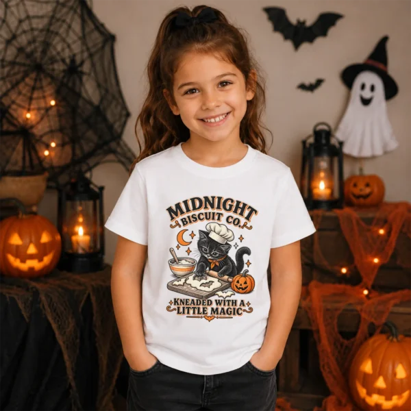 Black Cat Halloween Shirt, Baking Kitten Tee, Fall Cat Lover Gift — sibling matching set mockup black cat Halloween shirt baby bodysuit close-up detail