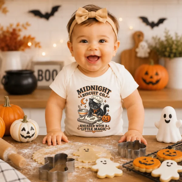 Black Cat Halloween Shirt, Baking Kitten Tee, Fall Cat Lover Gift — baby bodysuit mockup black cat Halloween shirt baby bodysuit styled product photo