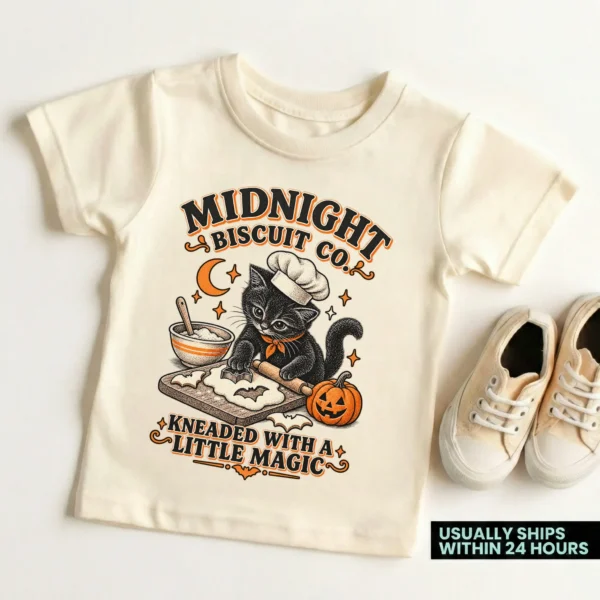 Black Cat Halloween Shirt, Baking Kitten Tee, Fall Cat Lover Gift — toddler shirt mockup black cat Halloween shirt baby bodysuit mockup view
