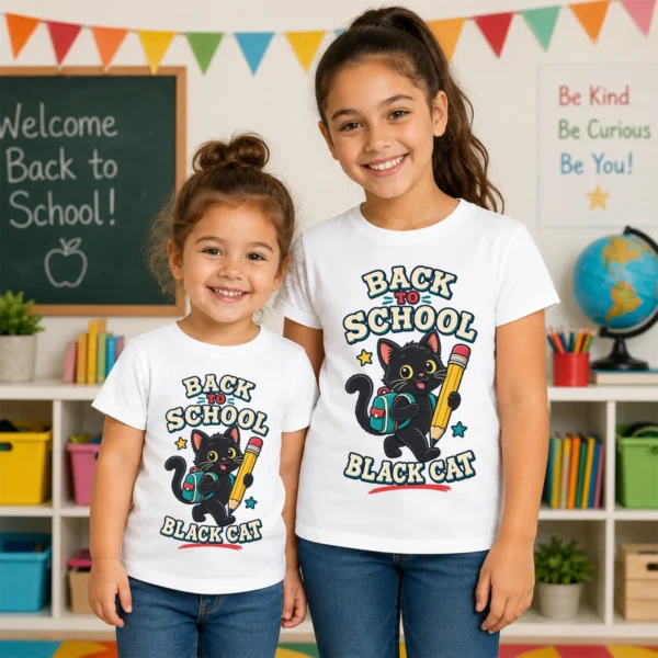 Black Cat Toddler or Youth Shirt, Back to School — back view black cat back to school shirt t-shirt back view
