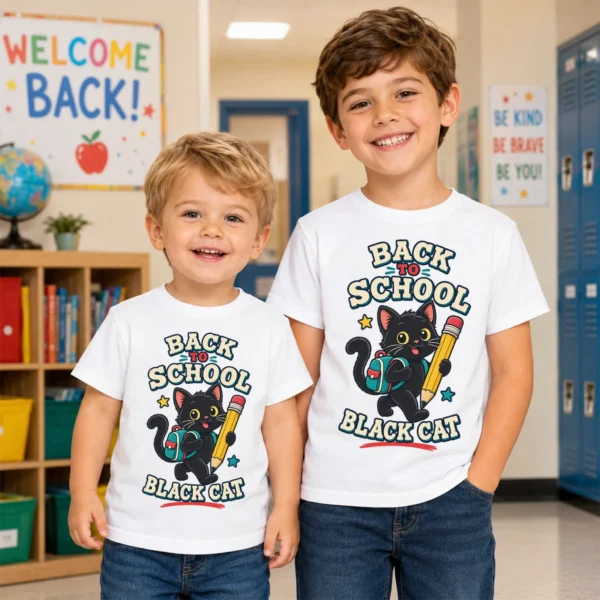 Black Cat Toddler or Youth Shirt, Back to School — back view black cat back to school shirt t-shirt back view