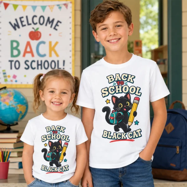 Black Cat Toddler or Youth Shirt, Back to School — back view black cat back to school shirt t-shirt back view