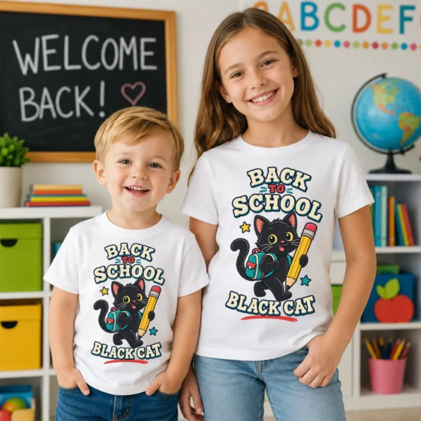 Black Cat Toddler or Youth Shirt, Back to School — back view black cat back to school shirt t-shirt back view