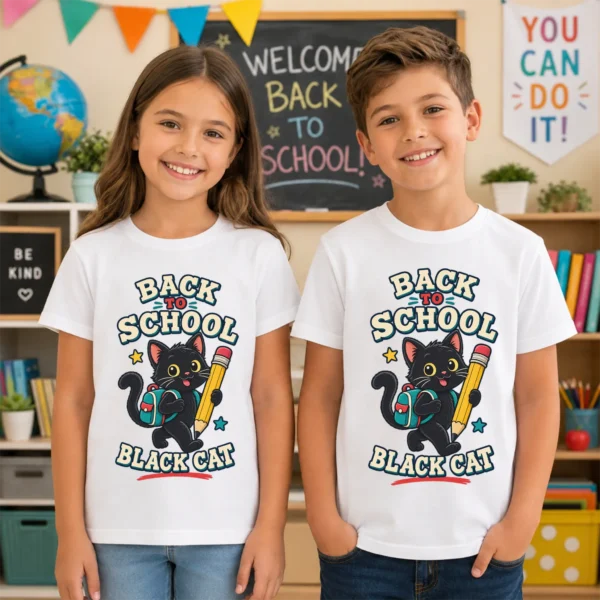 Black Cat Toddler or Youth Shirt, Back to School — back view black cat back to school shirt t-shirt back view