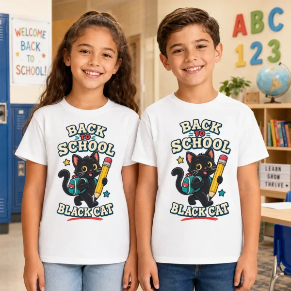 Black Cat Toddler or Youth Shirt, Back to School — back view black cat back to school shirt t-shirt back view