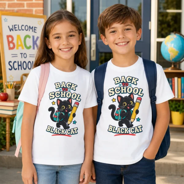 Black Cat Toddler or Youth Shirt, Back to School — back view black cat back to school shirt t-shirt back view
