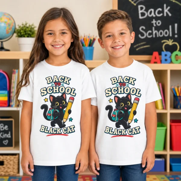 Black Cat Toddler or Youth Shirt, Back to School — back view black cat back to school shirt t-shirt back view