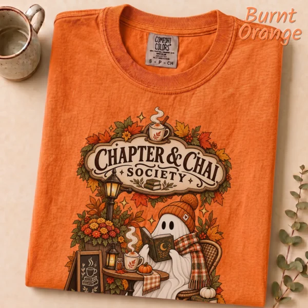 Chapter & Chai Society Ghost, Cozy Autumn Book Lover — alternate product mockup cozy autumn book lover ghost shirt t-shirt mockup view