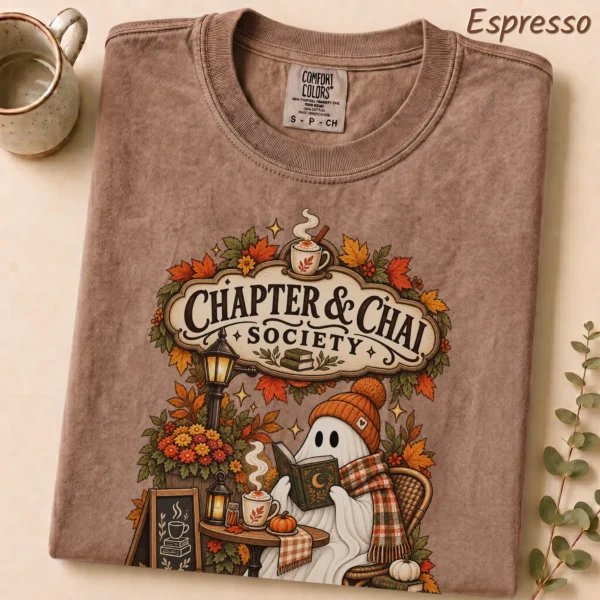 Chapter & Chai Society Ghost, Cozy Autumn Book Lover — alternate product mockup cozy autumn book lover ghost shirt t-shirt lifestyle scene
