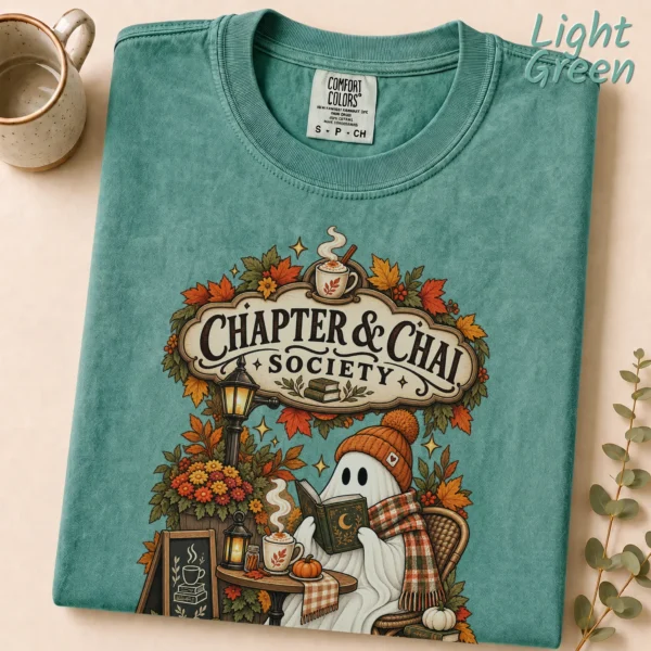 Chapter & Chai Society Ghost, Cozy Autumn Book Lover — alternate product mockup cozy autumn book lover ghost shirt t-shirt styled product photo