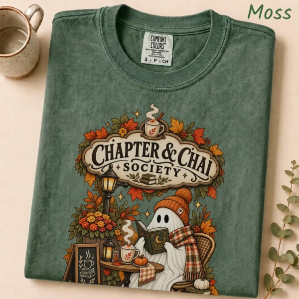 Chapter & Chai Society Ghost, Cozy Autumn Book Lover — alternate product mockup cozy autumn book lover ghost shirt t-shirt product detail