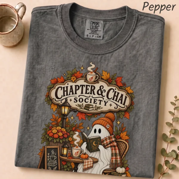 Chapter & Chai Society Ghost, Cozy Autumn Book Lover — alternate product mockup cozy autumn book lover ghost shirt t-shirt alternate angle