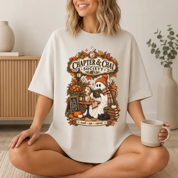 Chapter & Chai Society Ghost, Cozy Autumn Book Lover — lifestyle mockup cozy autumn book lover ghost shirt t-shirt lifestyle scene