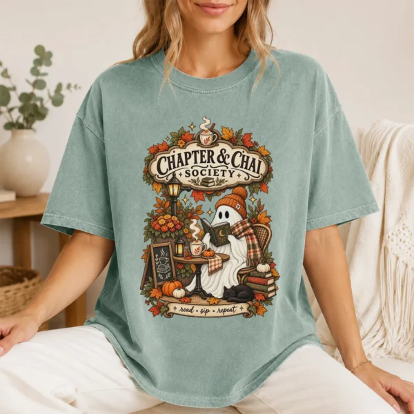Chapter & Chai Society Ghost, Cozy Autumn Book Lover — lifestyle mockup cozy autumn book lover ghost shirt t-shirt lifestyle scene