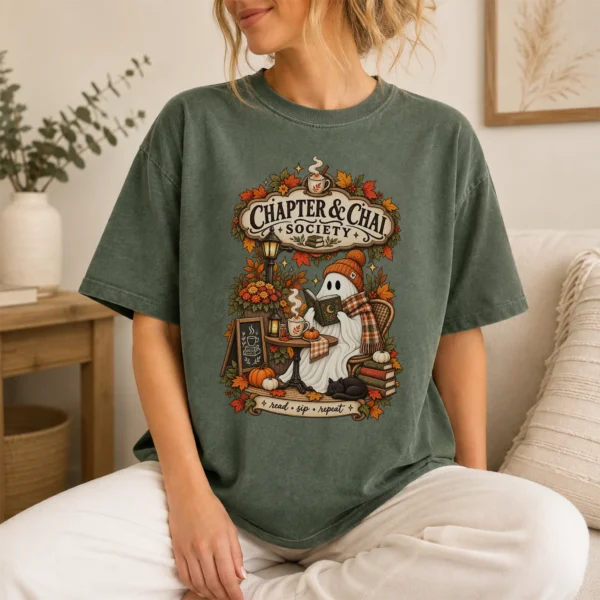 Chapter & Chai Society Ghost, Cozy Autumn Book Lover — lifestyle mockup cozy autumn book lover ghost shirt t-shirt lifestyle scene
