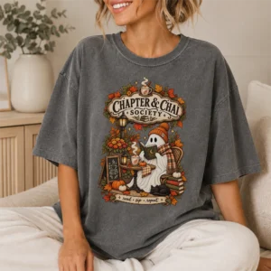 cozy autumn book lover ghost shirt t-shirt lifestyle scene