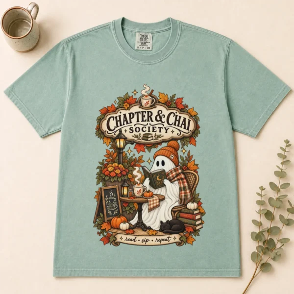 Chapter & Chai Society Ghost, Cozy Autumn Book Lover — alternate product mockup cozy autumn book lover ghost shirt t-shirt flat lay view