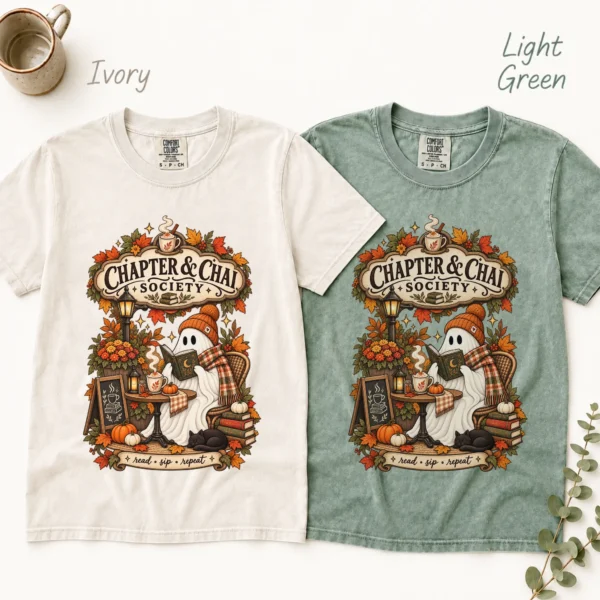 Chapter & Chai Society Ghost, Cozy Autumn Book Lover — alternate product mockup cozy autumn book lover ghost shirt t-shirt color options
