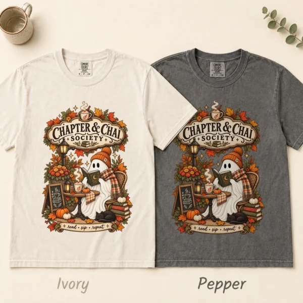 Chapter & Chai Society Ghost, Cozy Autumn Book Lover — alternate product mockup cozy autumn book lover ghost shirt t-shirt color options