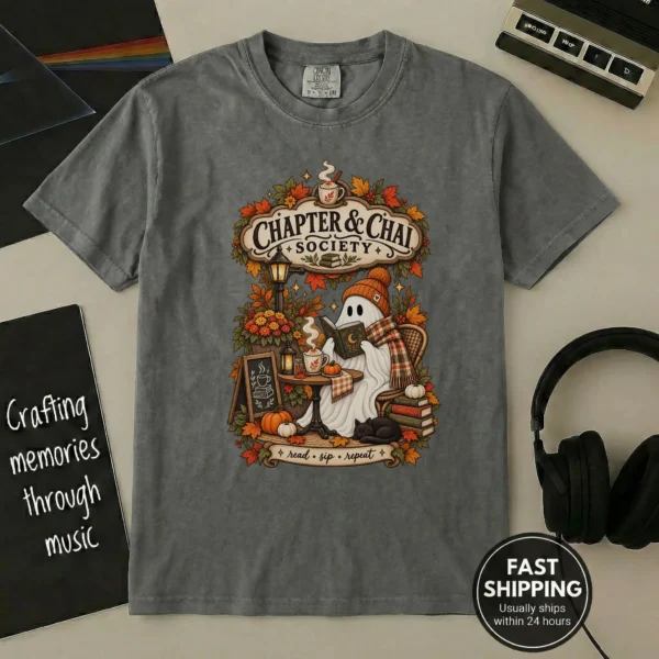 Chapter & Chai Society Ghost, Cozy Autumn Book Lover — alternate product mockup cozy autumn book lover ghost shirt t-shirt product photo