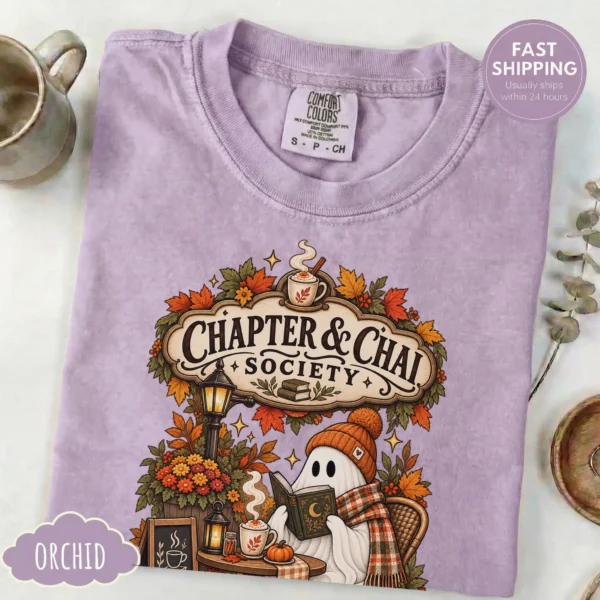 Chapter & Chai Society Ghost, Cozy Autumn Book Lover — alternate product mockup cozy autumn book lover ghost shirt t-shirt product photo