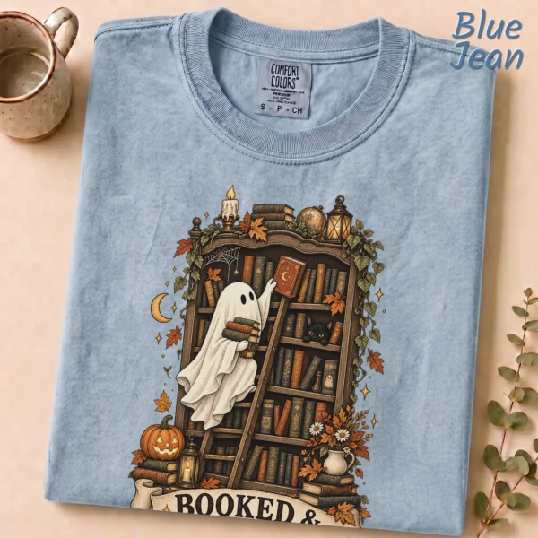 Booked & Boo-sy Ghost, Cozy Halloween Library Book Lover — alternate product mockup Booked & Boo-sy Halloween ghost shirt t-shirt mockup view