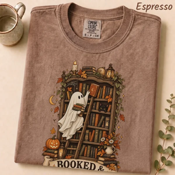 Booked & Boo-sy Ghost, Cozy Halloween Library Book Lover — alternate product mockup Booked & Boo-sy Halloween ghost shirt t-shirt close-up detail
