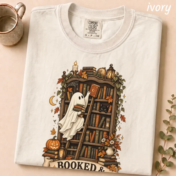 Booked & Boo-sy Ghost, Cozy Halloween Library Book Lover — alternate product mockup Booked & Boo-sy Halloween ghost shirt t-shirt styled product photo