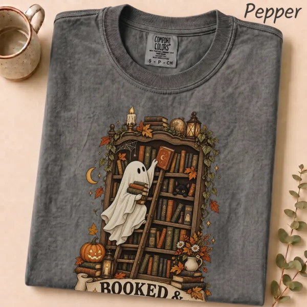 Booked & Boo-sy Ghost, Cozy Halloween Library Book Lover — alternate product mockup Booked & Boo-sy Halloween ghost shirt t-shirt product photo