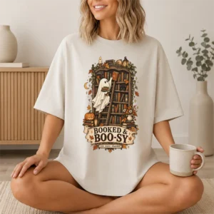 Booked & Boo-sy Halloween ghost shirt t-shirt lifestyle scene