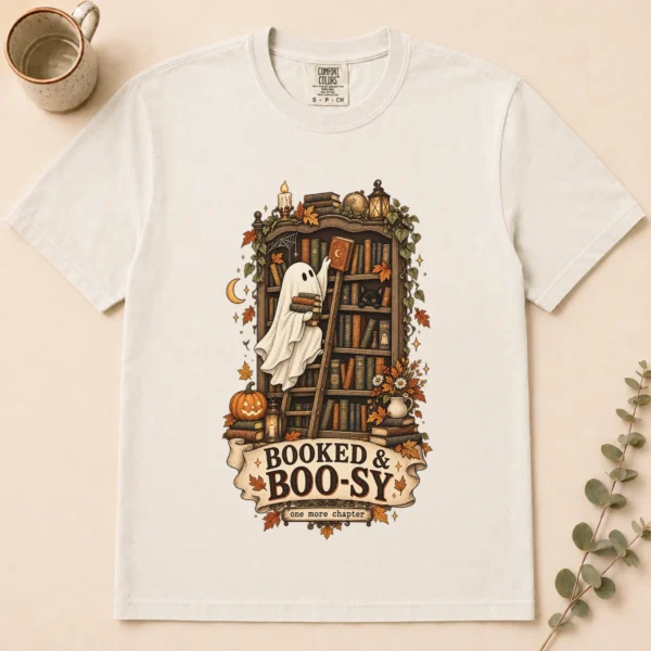 Booked & Boo-sy Ghost, Cozy Halloween Library Book Lover — alternate product mockup Booked & Boo-sy Halloween ghost shirt t-shirt flat lay view