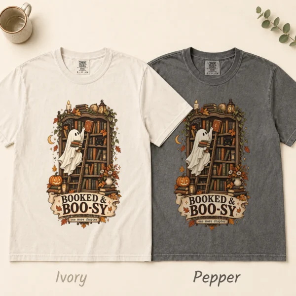 Booked & Boo-sy Ghost, Cozy Halloween Library Book Lover — alternate product mockup Booked & Boo-sy Halloween ghost shirt t-shirt color options