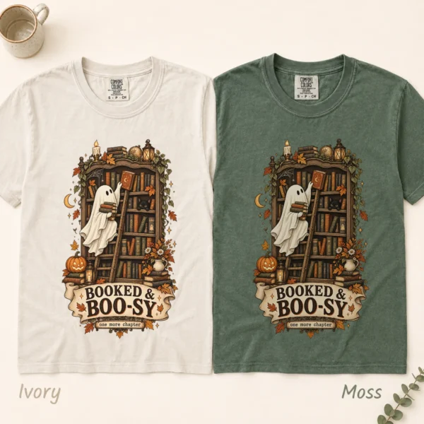Booked & Boo-sy Ghost, Cozy Halloween Library Book Lover — alternate product mockup Booked & Boo-sy Halloween ghost shirt t-shirt color options