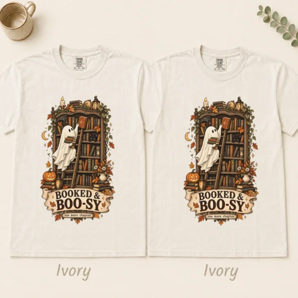 Booked & Boo-sy Ghost, Cozy Halloween Library Book Lover — alternate product mockup Booked & Boo-sy Halloween ghost shirt t-shirt color options
