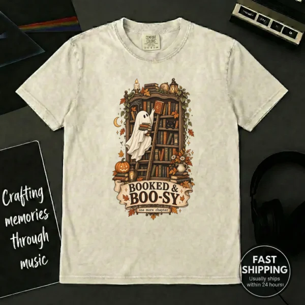 Booked & Boo-sy Ghost, Cozy Halloween Library Book Lover — alternate product mockup Booked & Boo-sy Halloween ghost shirt t-shirt product photo