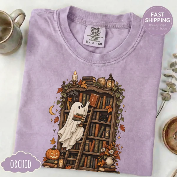 Booked & Boo-sy Ghost, Cozy Halloween Library Book Lover — alternate product mockup Booked & Boo-sy Halloween ghost shirt t-shirt product photo