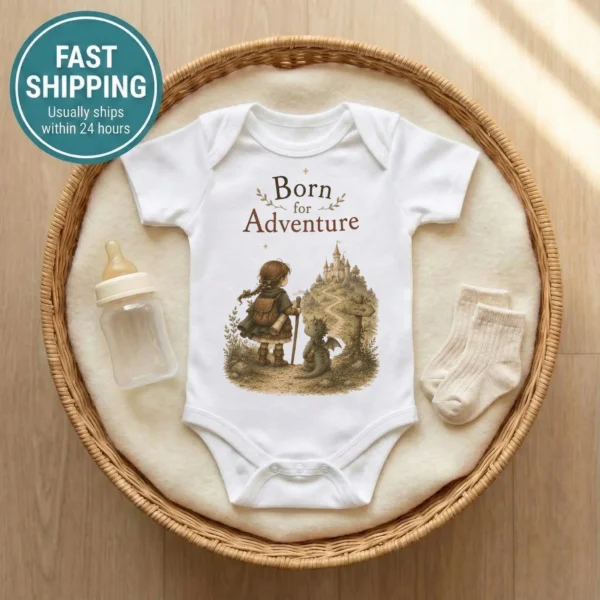 Born for Adventure Fantasy Baby Bodysuit, Boy or Girl — baby bodysuit mockup born for adventure baby bodysuit lifestyle scene