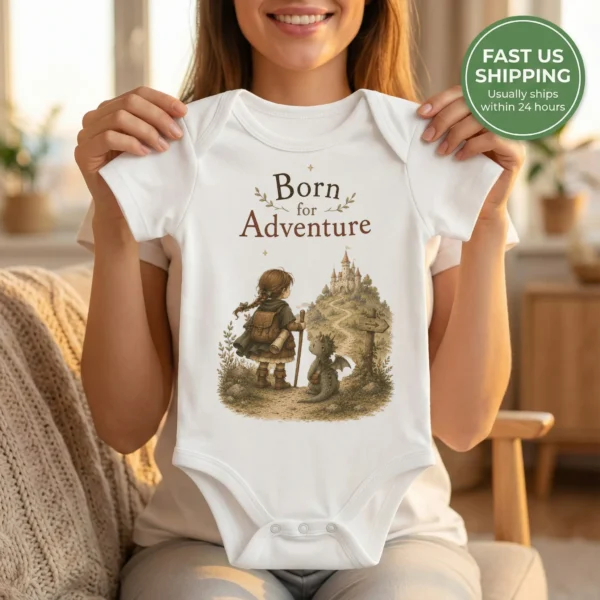 Born for Adventure Fantasy Baby Bodysuit, Boy or Girl — baby bodysuit mockup born for adventure baby bodysuit close-up detail