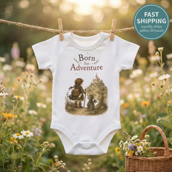Born for Adventure Fantasy Baby Bodysuit, Boy or Girl — baby bodysuit mockup born for adventure baby bodysuit styled product photo
