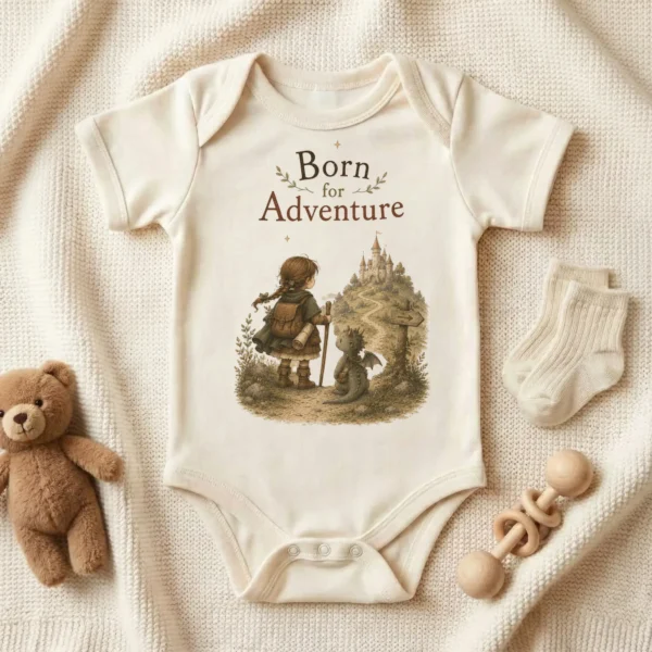 Born for Adventure Fantasy Baby Bodysuit, Boy or Girl — baby bodysuit mockup born for adventure baby bodysuit product photo