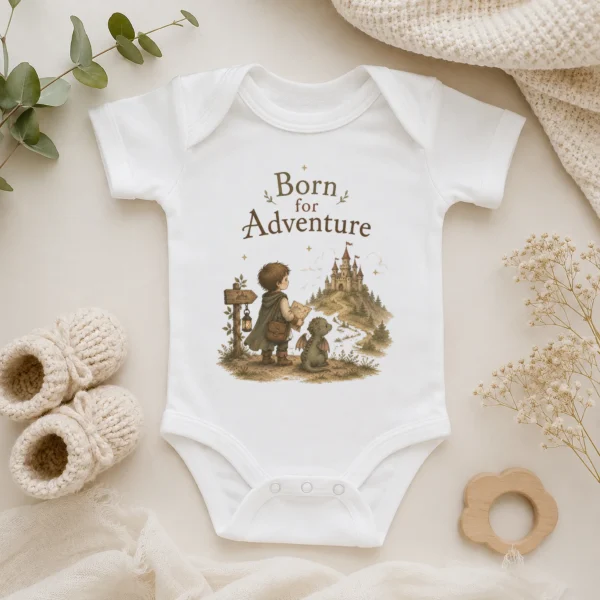Born for Adventure Fantasy Baby Bodysuit, Boy or Girl — alternate product mockup born for adventure baby bodysuit alternate product mockup