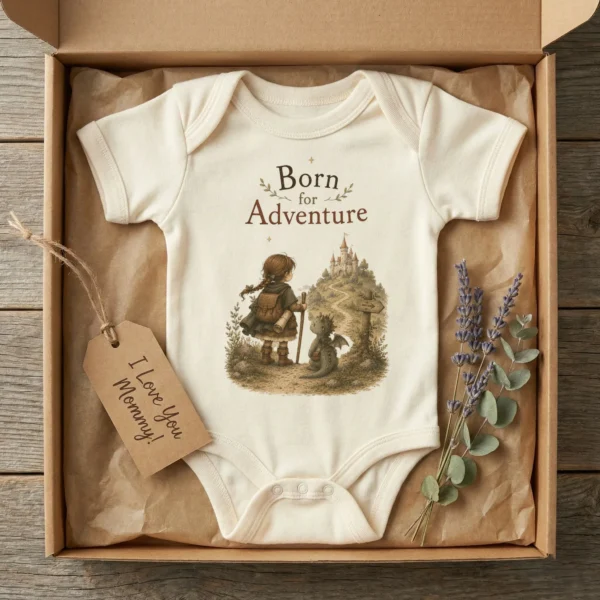 Born for Adventure Fantasy Baby Bodysuit, Boy or Girl — baby bodysuit mockup born for adventure baby bodysuit product photo
