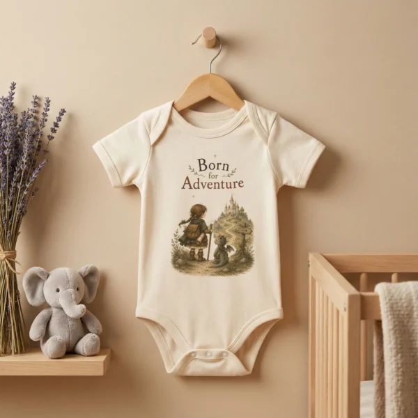 Born for Adventure Fantasy Baby Bodysuit, Boy or Girl — baby bodysuit mockup born for adventure baby bodysuit alternate angle