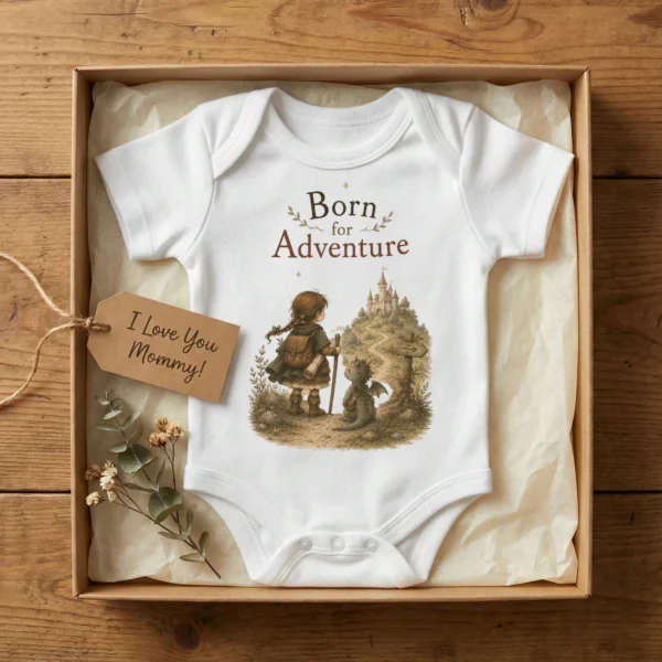 Born for Adventure Fantasy Baby Bodysuit, Boy or Girl — baby bodysuit mockup born for adventure baby bodysuit product photo