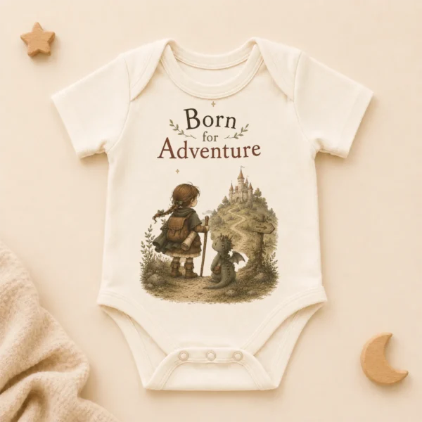 Born for Adventure Fantasy Baby Bodysuit, Boy or Girl — alternate product mockup born for adventure baby bodysuit product photo