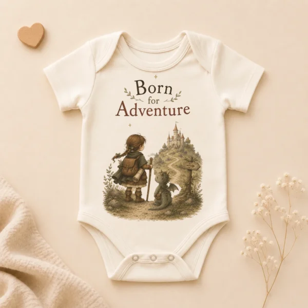 Born for Adventure Fantasy Baby Bodysuit, Boy or Girl — alternate product mockup born for adventure baby bodysuit front view