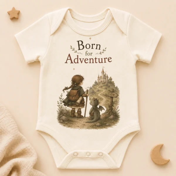 Born for Adventure Fantasy Baby Bodysuit, Boy or Girl — product mockup born for adventure baby bodysuit mockup view